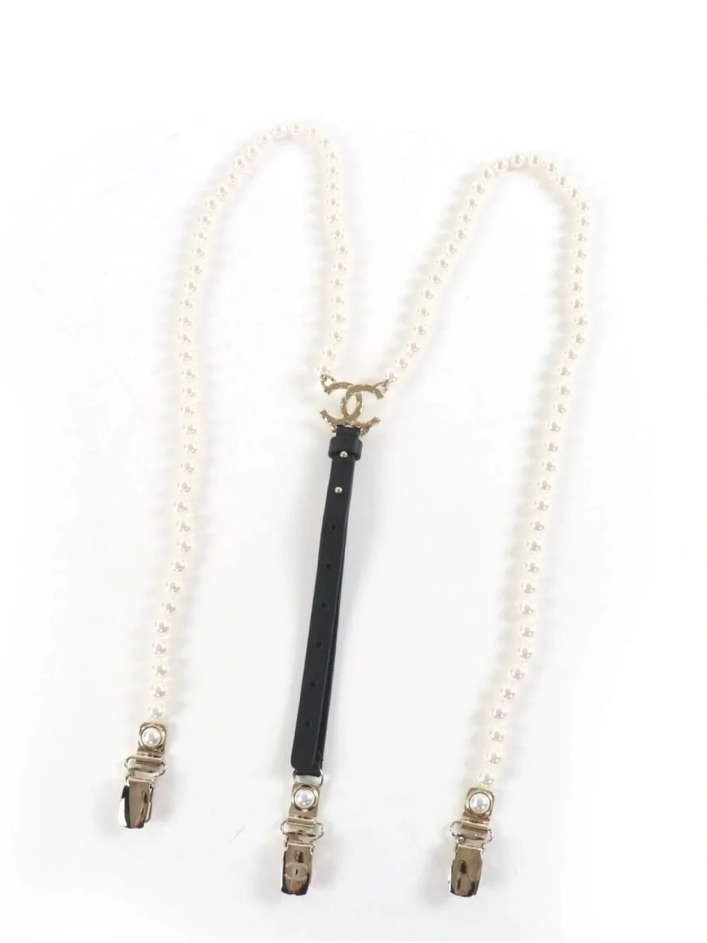Chanel Faux Pearl Leather Belt Suspenders Ivory Black Gold Hardware Size S CHANEL A21 K Coco Mark Faux Pearl Leather Belt Suspenders  main image 4